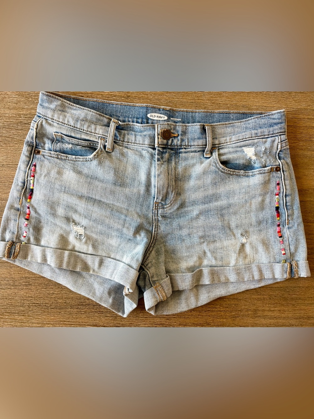 Old Navy Light Wash Denim Cuffed Shorts with Embroidered Side Trim